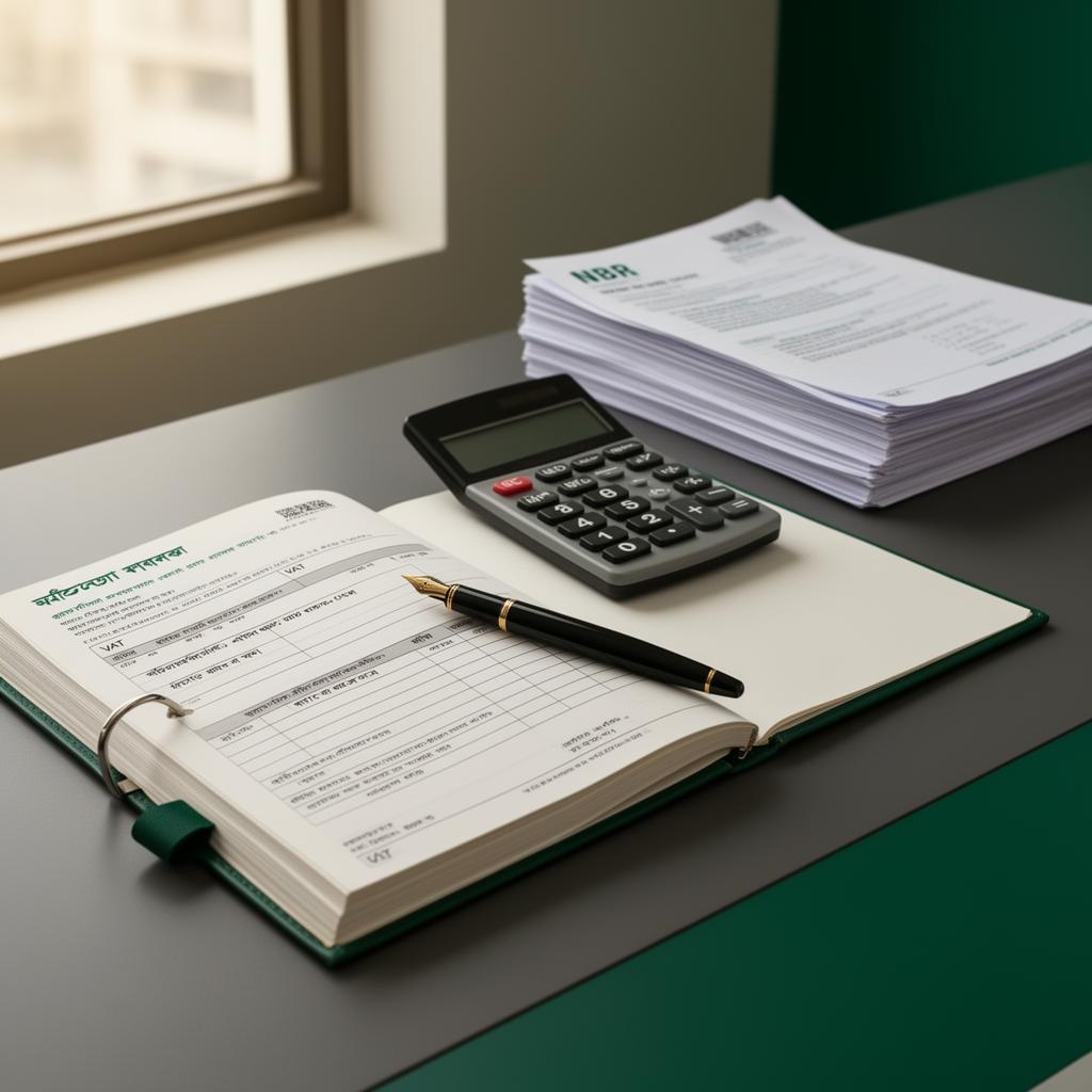 Nexus VAT & Tax Consultancy office desk with VAT ledger and NBR forms